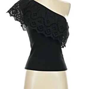 Old Navy Black One-Shoulder Eyelet Ruffle Top